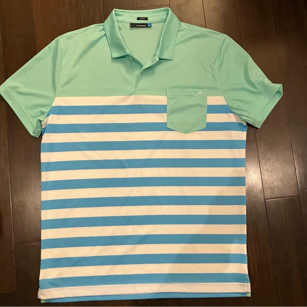 J. Lindeberg blue / teal / white striped collared golf shirt.  EUC!